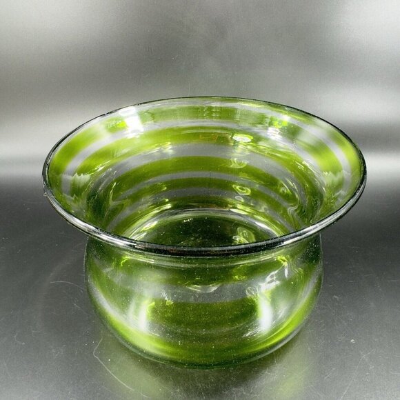 Blenko Art Glass Bowl Planter Flower Pot Hand Blown Green Clear Lines Round Vtg - Picture 12 of 16